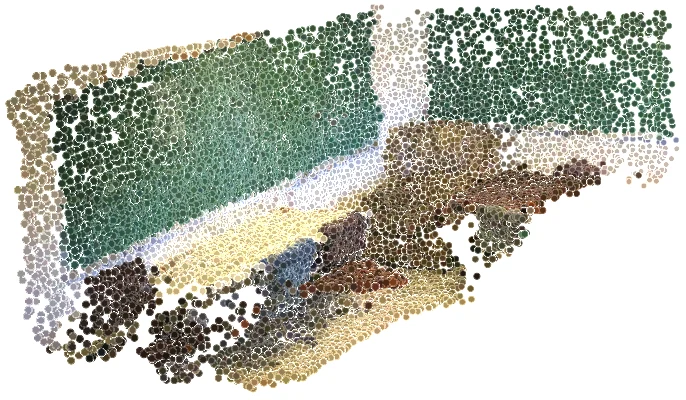 A colored point cloud of a classroom with two blackboards